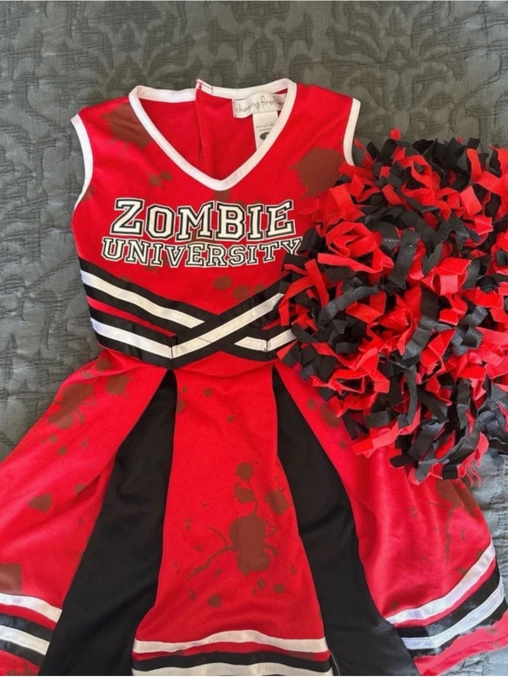 Zombie University Red and Black Cheerleader Costume with Pom-Poms